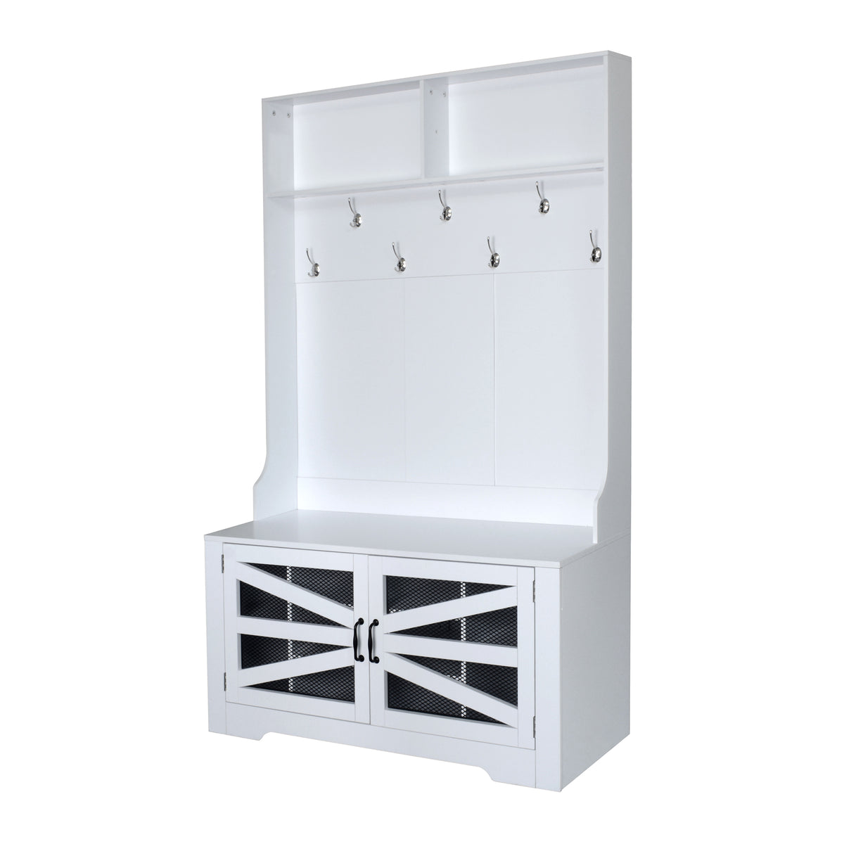 variant-group:rf-n724p264668k|Roomfitters 3-in-1 Entryway Bench with Coat Rack, Adjustable Shelves and 7 Hooks, 43.3" Hall Tree for Entrance or Living Room, White