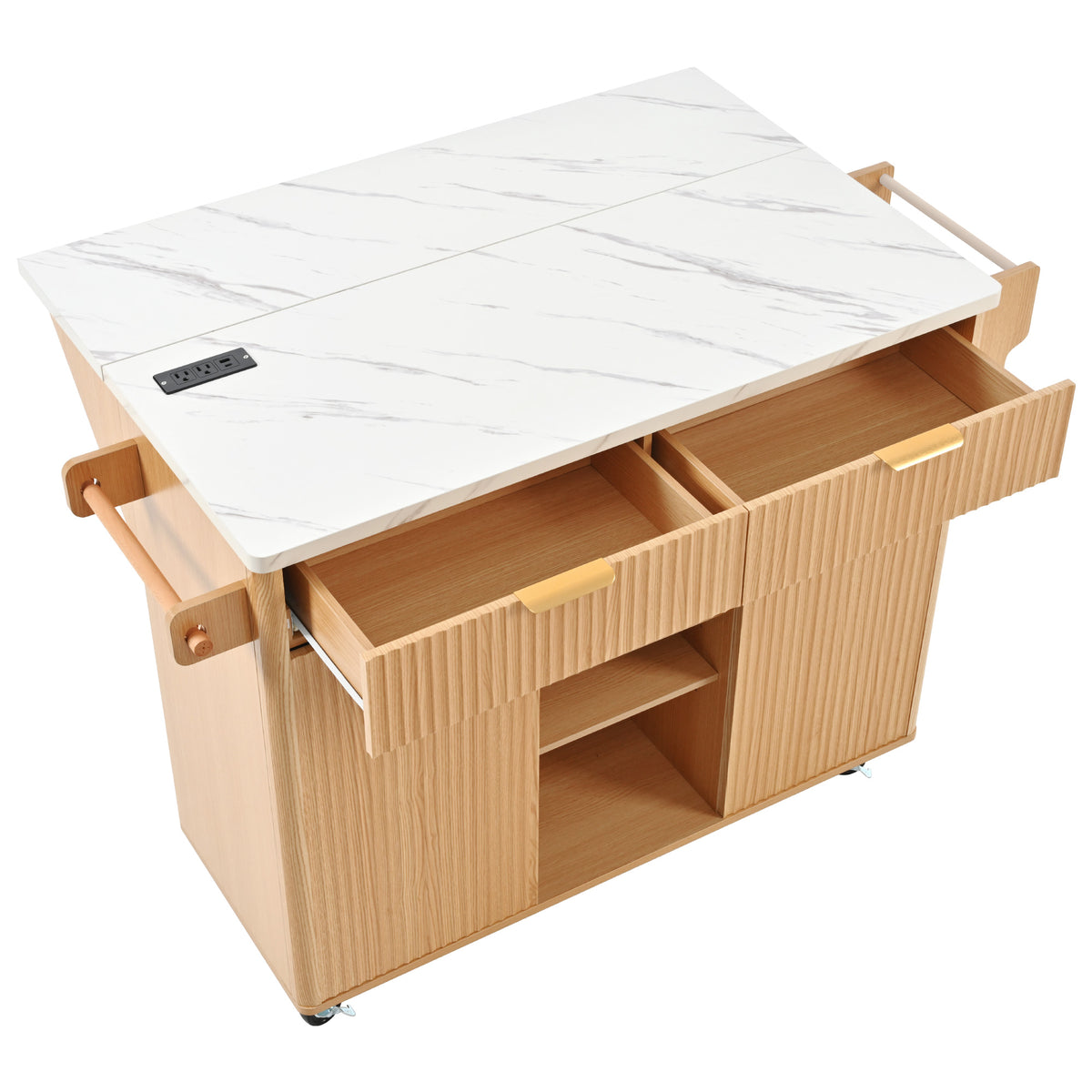 variant-group:rf-n707s000019y|Roomfitters 52" Fluted Kitchen Island with Drop Leaf, Power Outlet & Faux Marble Top, Natural