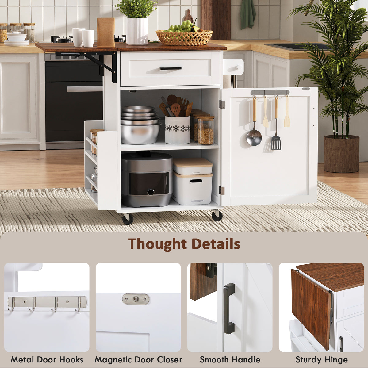 variant-group:rf-n707p404539w|Roomfitters 39.3" Kitchen Island with Drop Leaf, Rolling Kitchen Cart with Storage Drawer and Spice Rack, Modern Style, White