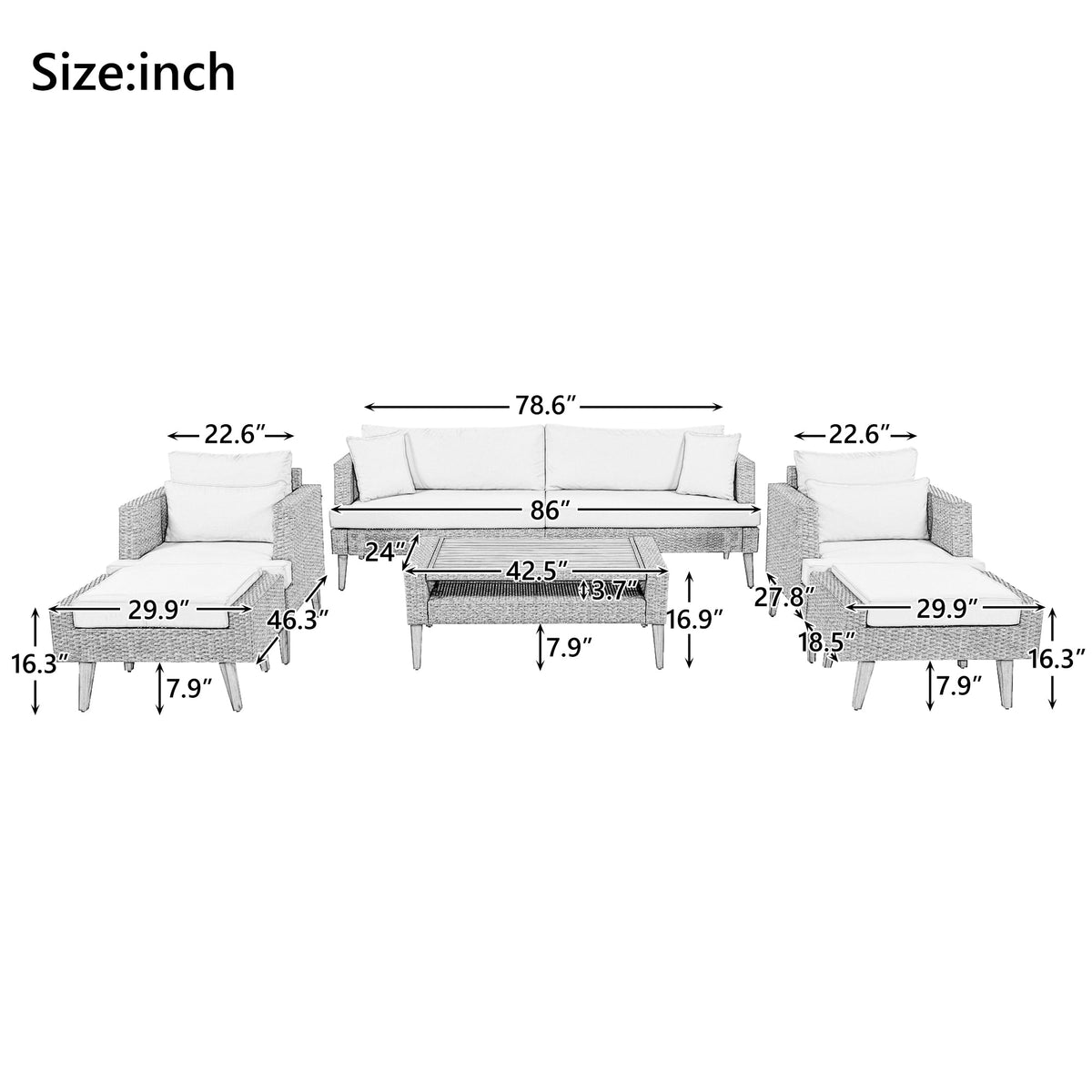 Roomfitters 6-Piece Outdoor Patio Furniture Set with Wicker Sofa, Armchairs, Ottomans and Coffee Table, Wood Legs, Gray+Beige Roomfitters
