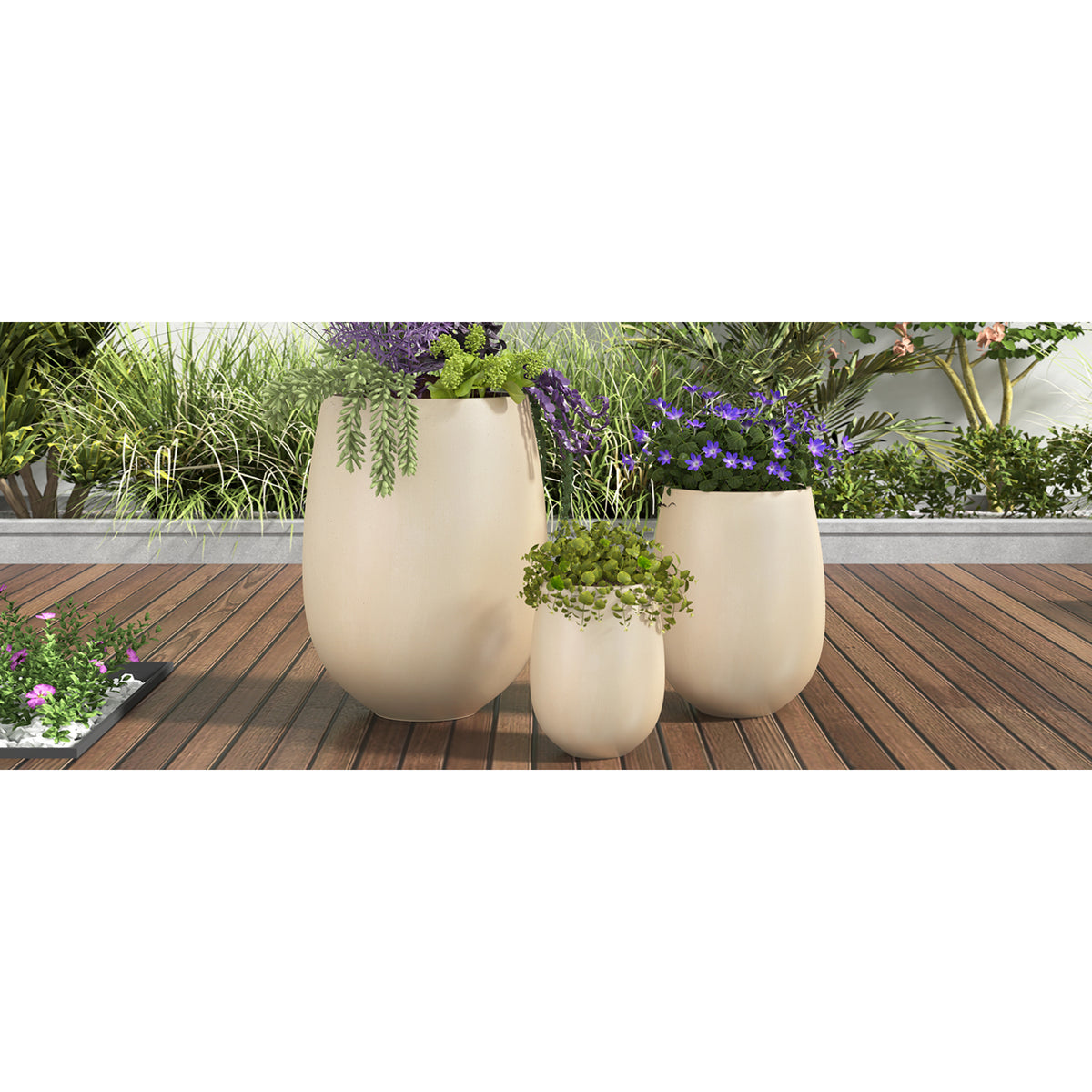 variant-group:rf-n711p406658a|Roomfitters Lightweight Round MGO Planter Set, 3-Piece Graduated Outdoor Flower Pots, Beige Weather-Resistant Urns
