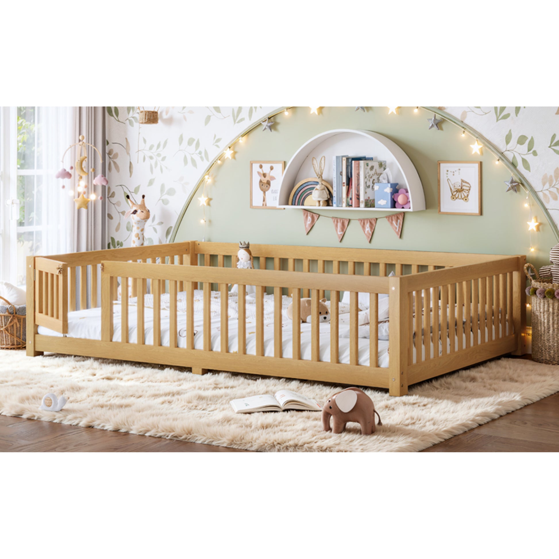 variant-group:rf-w1580p462325|Roomfitters Queen Size Wooden Floor Bed Frame with Safety Guardrails Door, Solid Wood Low Profile Toddler Play Bed, Natural