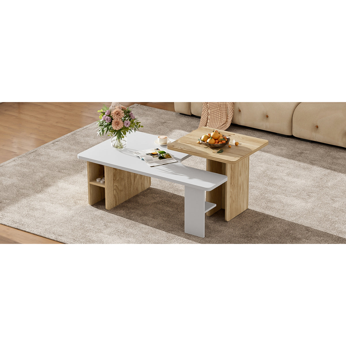 variant-group:rf-n724p294661k|Roomfitters Farmhouse Nesting Coffee Table Set of 2, Rectangle Wood Finish Accent Tables for Living Room and Sofa Side, White