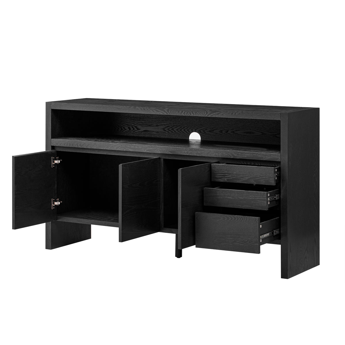 variant-group:rf-n711p289141b|Roomfitters 60" Modern Solid Wood Veneer Sideboard with 3 Doors & 3 Drawers, Open Shelf & Cable Cutout, Large Storage Cabinet for Dining, Hallway, Living Room, Black