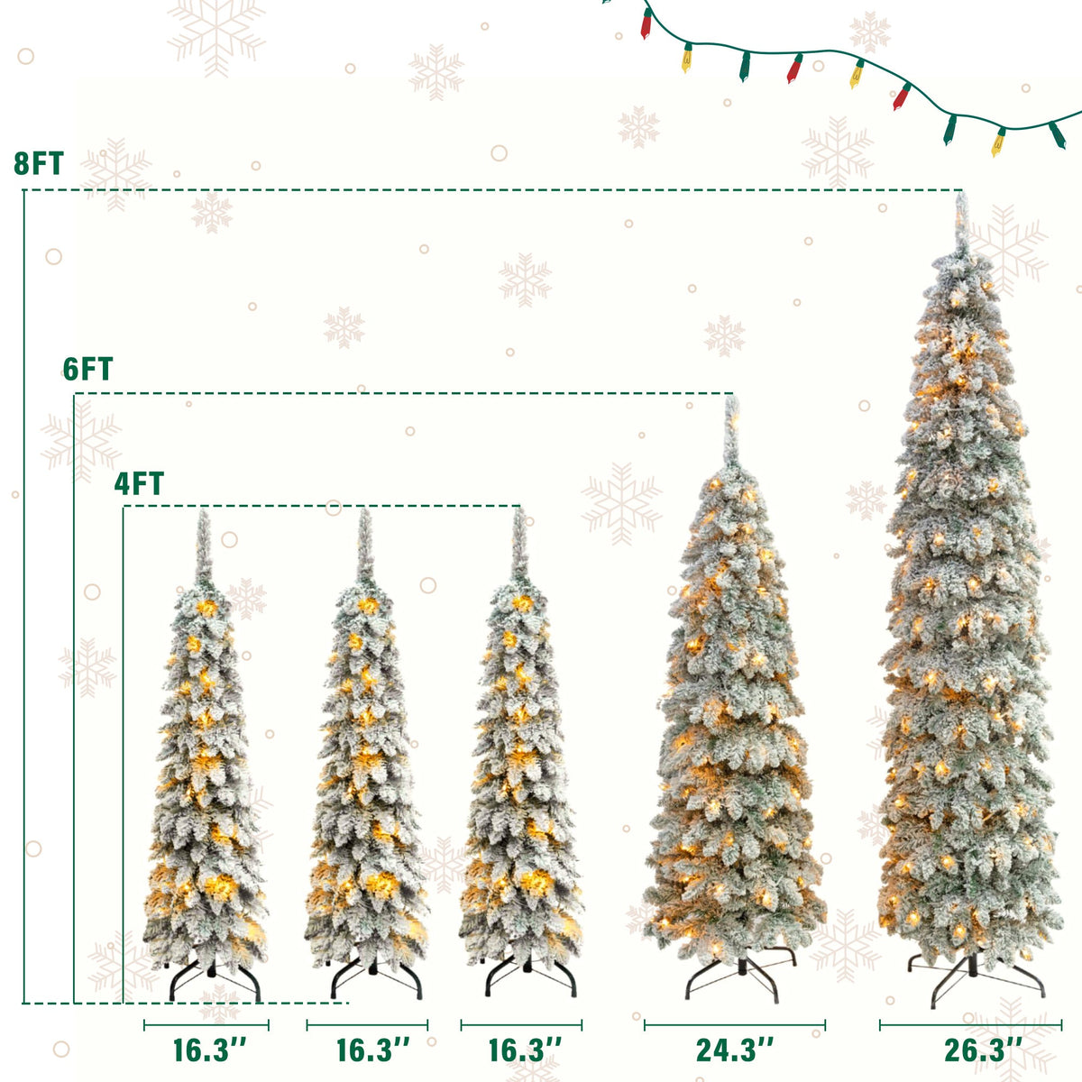 Roomfitters Pre-Lit Pencil Christmas Tree Set 8FT 6FT 4FT, 5-Pack Slim Snow-Flocked Artificial Trees with 1820 Tips, White Roomfitters