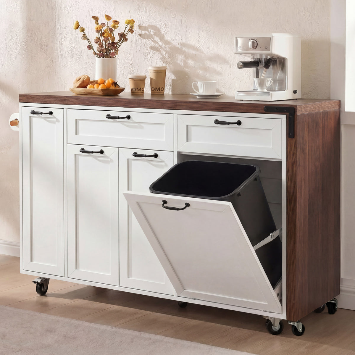 variant-group:rf-n707s000026w|Roomfitters 102.3" Kitchen Island with Tilt Out Trash Can Cabinet, Rolling Storage Cart, Slide-out Spice Rack, White