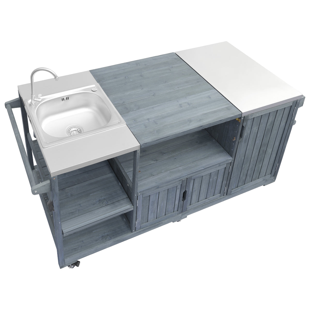 variant-group:rf-n707s000022g|Roomfitters 75.4" Outdoor Kitchen Island with Sink, Fir Wood Grill Cart for XL Green Egg & Tabletop Grills, Grey Blue