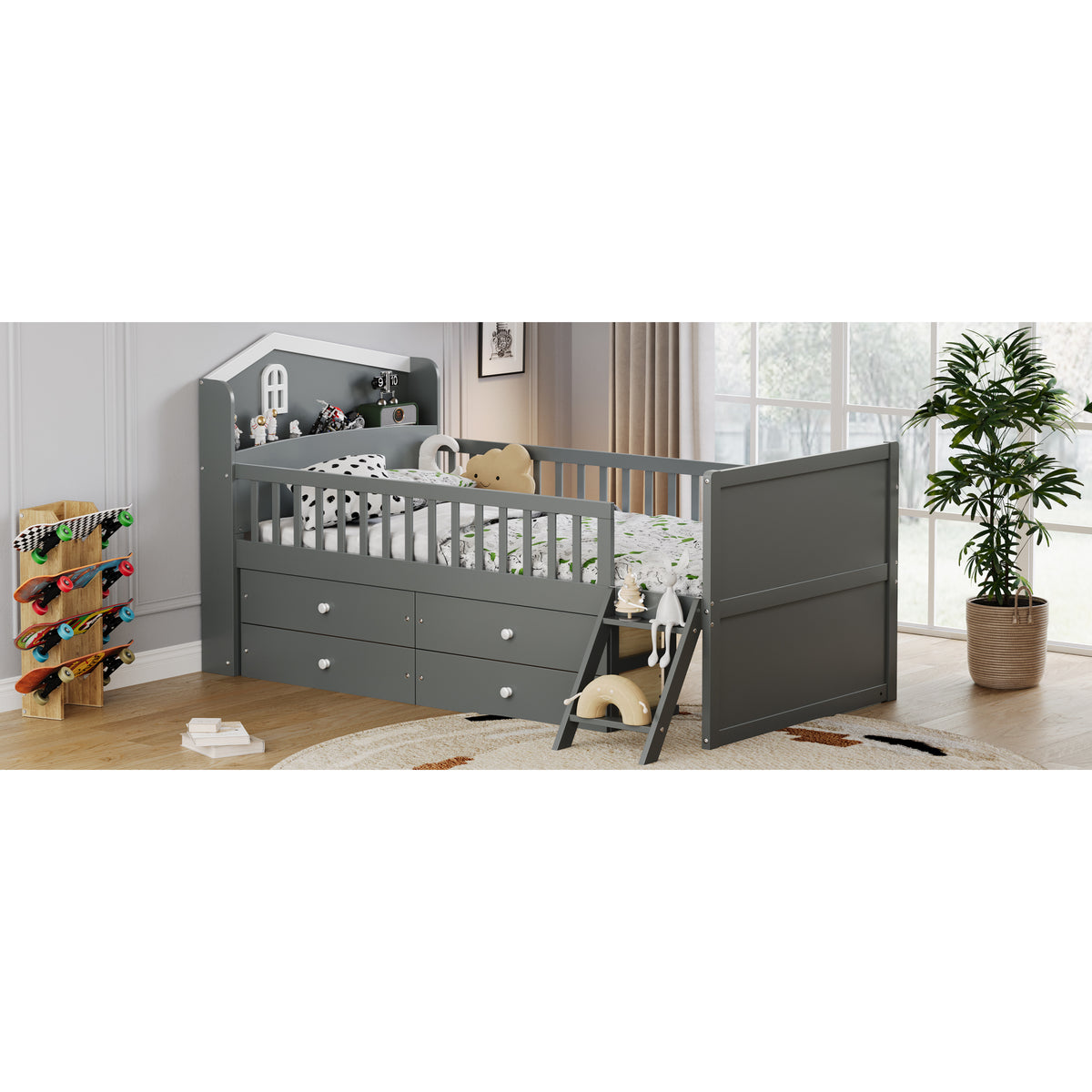 variant-group:rf-n733s278032e|Roomfitters Twin Platform Bed Frame with Four Drawers, Wooden Kids Bed with Guardrail Headboard and Ladder, Gray