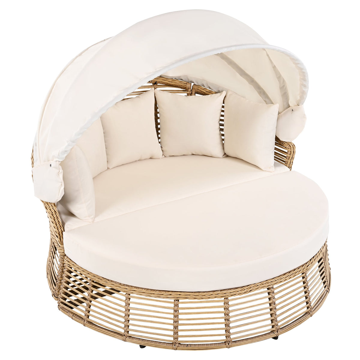 Roomfitters Outdoor Patio Rattan Round Daybed with Retractable Canopy and Removable Wicker Sectional Cushions Roomfitters