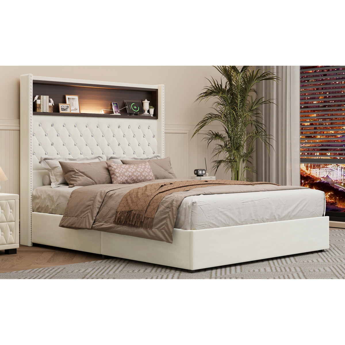 variant-group:rf-n733p368653a|Roomfitters Full Velvet Tufted Platform Bed with Charging Ports, Tall Wingback Headboard with Rivet Trim and Shelf, Beige