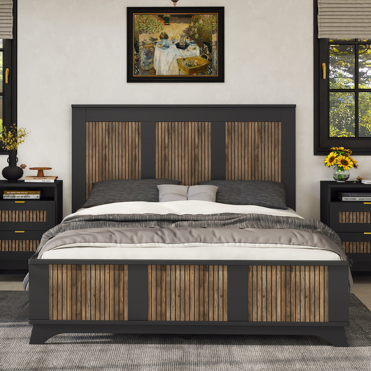 variant-group:rf-n733wf530906aab|Roomfitters Farmhouse Wooden Platform Queen Size Bed, Modern Platform Bed with Wooden Strip Stickers Decoration, Plywood Slats Support, Black