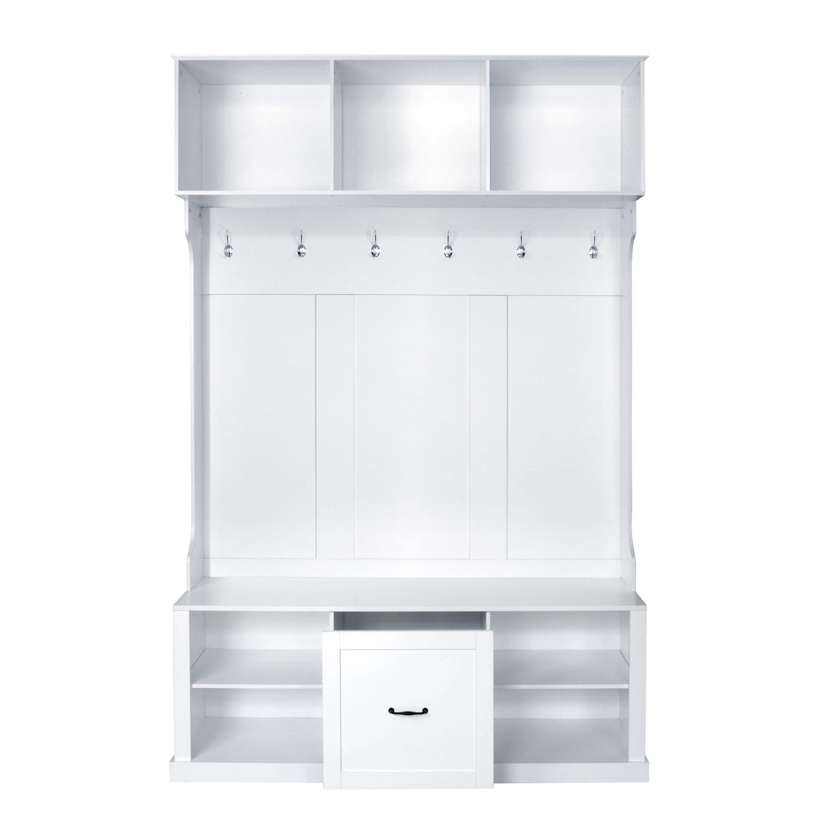 variant-group:rf-n724p264673k|Roomfitters 3-in-1 Hall Tree with 6 Hooks, Coat Rack and Entryway Bench, 57" Organizer with Drawer for Hallway or Living Room, White