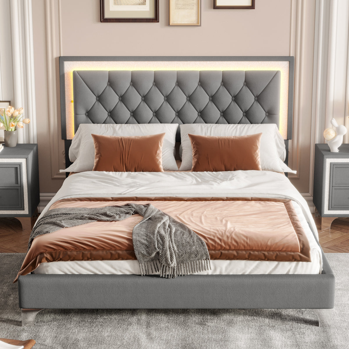 variant-group:rf-n733p183657e|Roomfitters Modern Velvet Queen Platform Bed with Tufted Headboard and Built-In Lighting, Gray