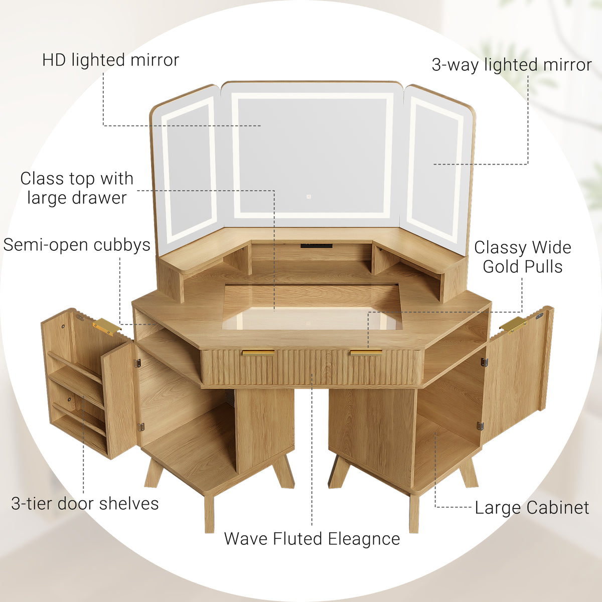 variant-group:rf-n704p392485n|Roomfitters 47.2" Corner Makeup Vanity Desk with 3-Panel LED Mirror, Glass Top, Charging Station and Storage Hutch, Oak