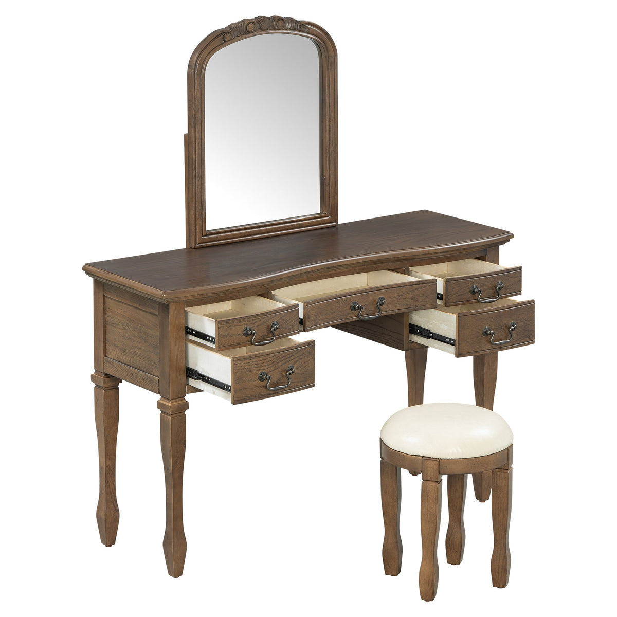 Roomfitters 46-Inch Vintage Makeup Vanity Table with Curved Flower Frame Mirror and Upholstered Leather Stool Espresso Roomfitters