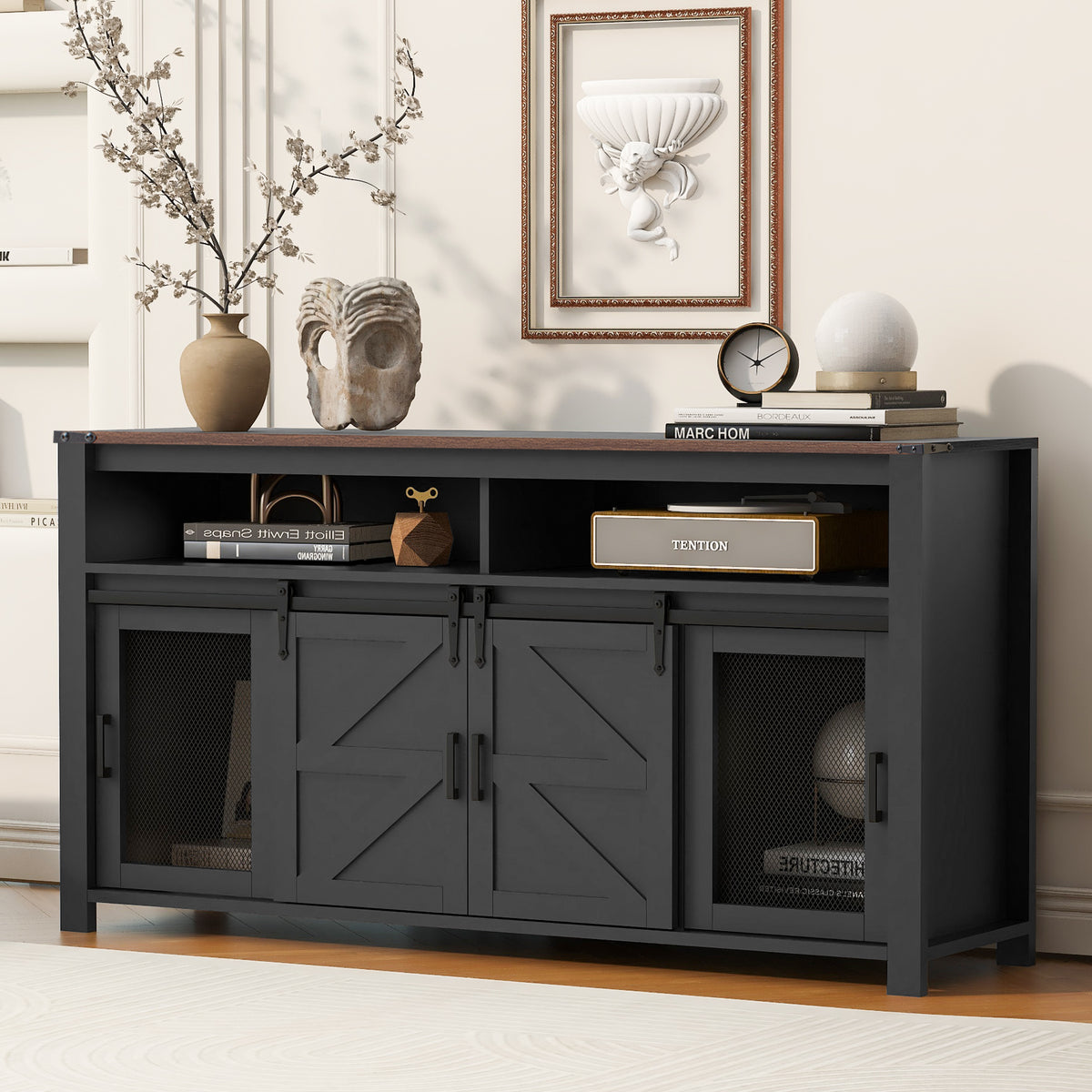 variant-group:rf-n711p347388b|Roomfitters 59.3" Sideboard Buffet Cabinet with Sliding Barn Doors, Modern Farmhouse Storage for Kitchen & Dining, Black