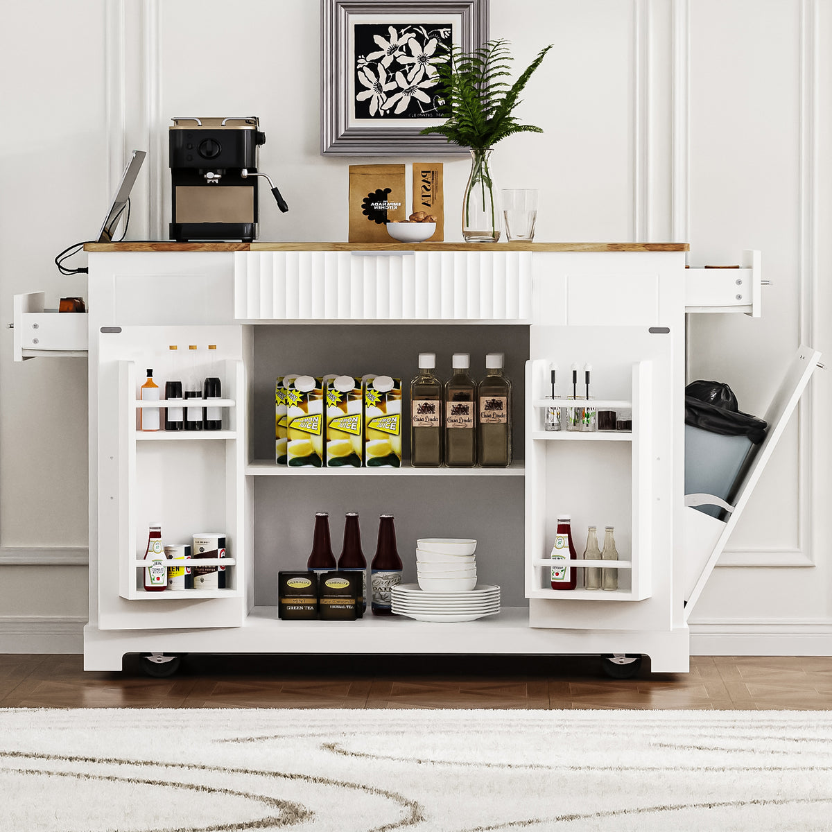 variant-group:rf-n707s221571w|Roomfitters Kitchen Island with Tilt Out Trash Can and Power Outlet, Fluted Storage Cabinet on Wheels, White