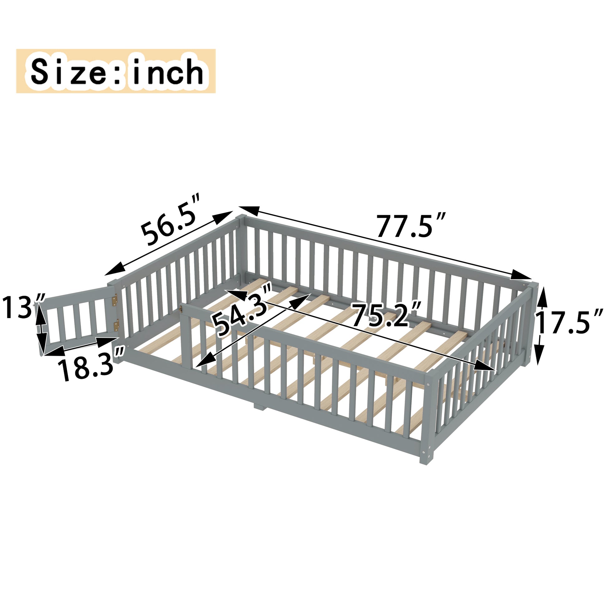 variant-group:rf-w1580p338951|Roomfitters Wooden Full Floor Bed Frame with Door & Safety Guardrails, Low Platform Design for Bedroom or Playroom, Gray