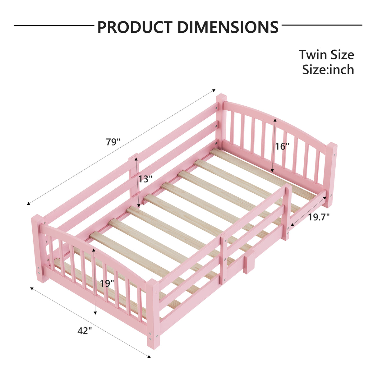 variant-group:rf-n733p400298h|Roomfitters Twin Montessori Floor Bed with Guardrails, Solid Wood Low Platform Bed with Slats, Easy Assembly, Pink