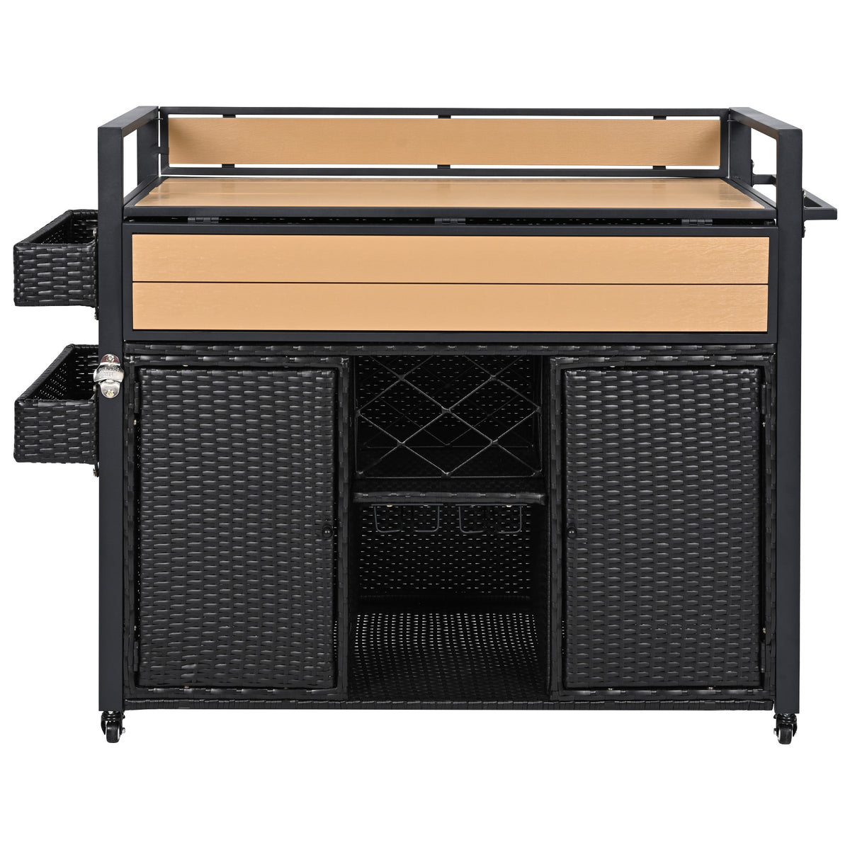 variant-group:rf-n707p233747b|Roomfitters 52.8" Wicker Outdoor Grill Cart with Plastic Wood Table, Rolling Island with Storage Cabinet, Double Handles, Black Brown