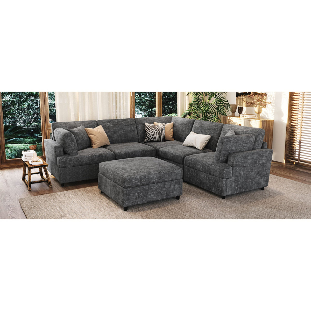 Roomfitters 127" U-Shaped Sectional Sofa, Modern Modular L-Shaped Couch with Movable Ottoman for Living Room, Grey Roomfitters