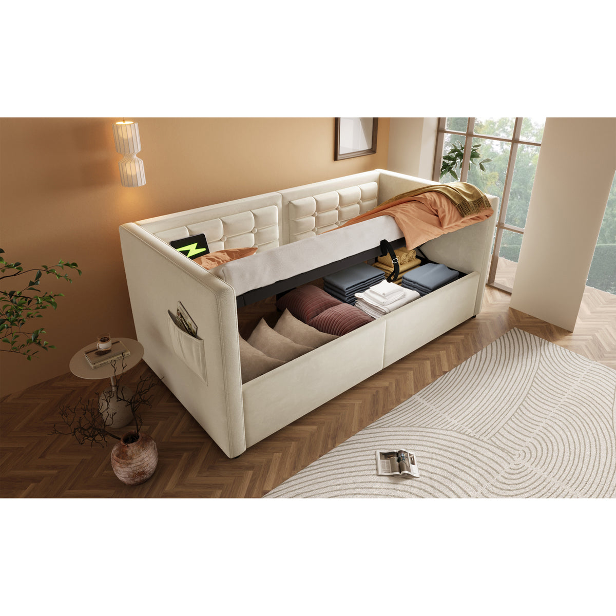 variant-group:rf-n736p303402b|Roomfitters Upholstered Twin Size Daybed with Storage, USB & Type-C Charging, Tufted Sofa Back, Velvet Beige