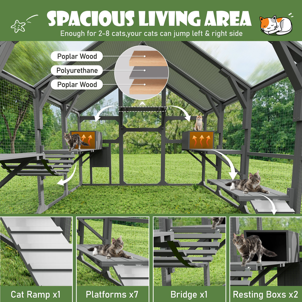 Roomfitters Large Catio Outdoor Cat Enclosure Wooden Cat House with 7 Platforms 2 Resting Boxes and Bridge Gray Roomfitters