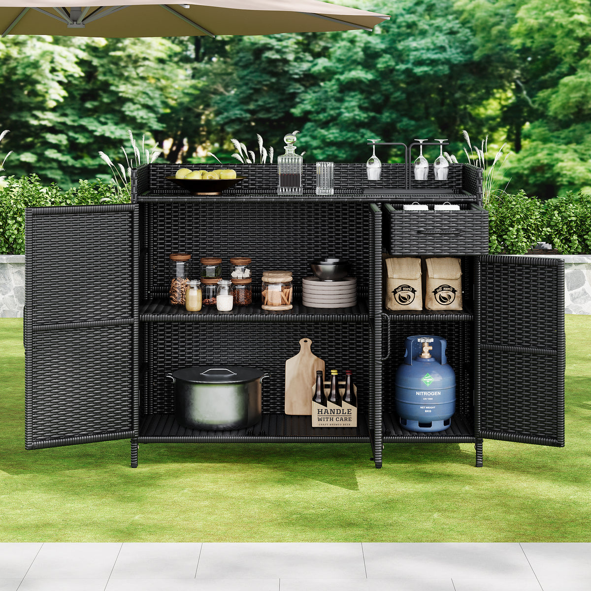 variant-group:rf-n707p233745b|Roomfitters 47.5" Wicker Outdoor Storage Cabinet, Rattan Bar Table with Glass Top, Adjustable Shelf, 3 Doors, Black Brown