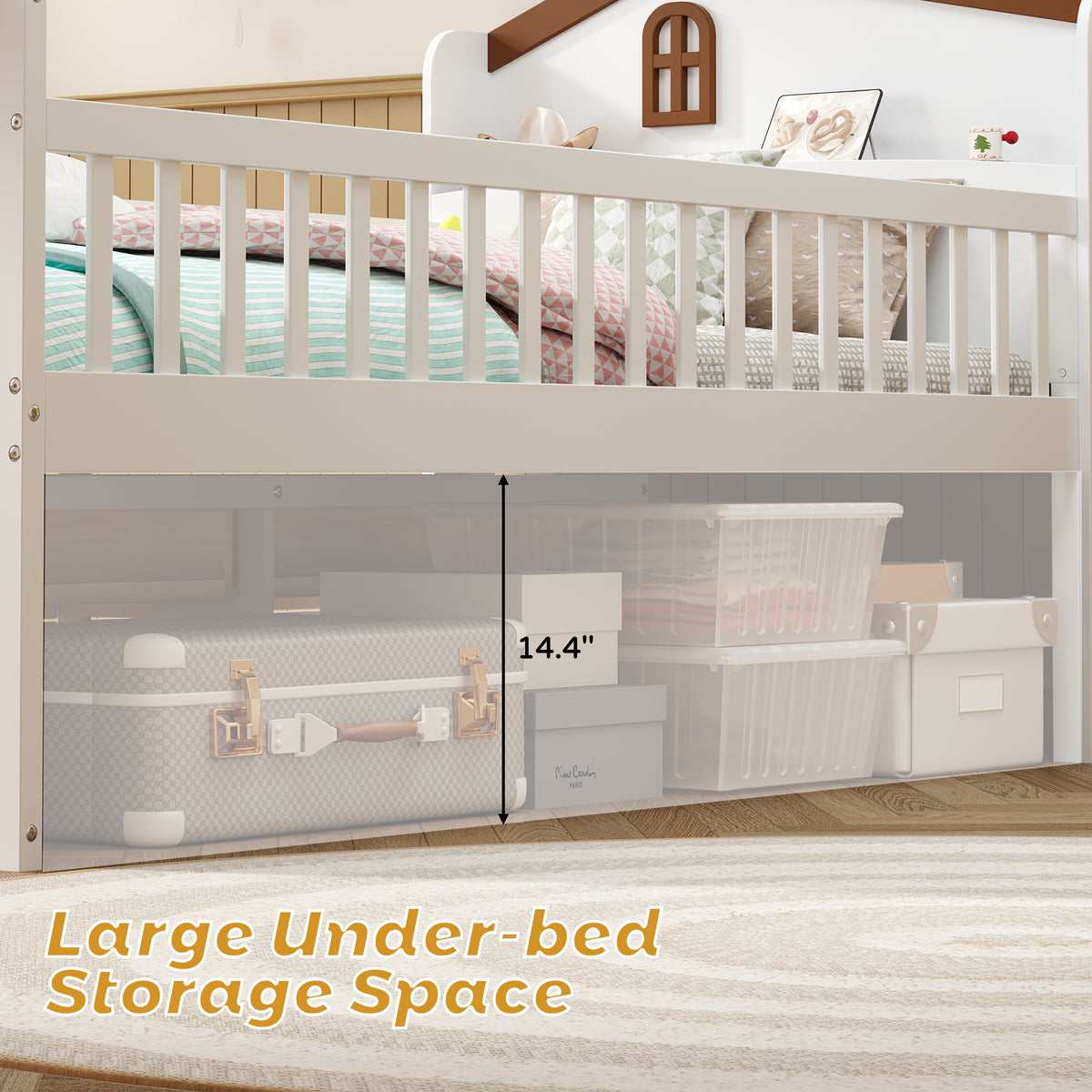 variant-group:rf-n733s278032k|Roomfitters Twin Platform Bed Frame with Four Drawers, Wooden Kids Bed with Guardrail Headboard and Ladder, White