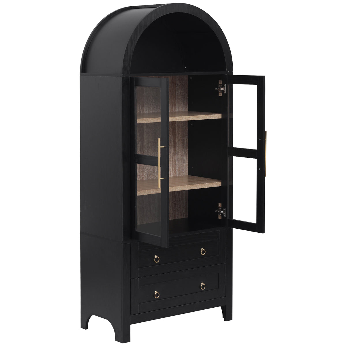variant-group:rf-n707p288972b|Roomfitters 71" Pantry Cabinet with Arched Top and Glass Doors, 2 Storage Drawers and Adjustable Shelves for Kitchen, Black