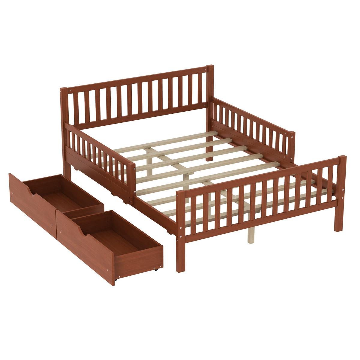 variant-group:rf-n733p172700d|Roomfitters Full Size Wood Platform Bed with Guardrails and 2 Storage Drawers, Walnut