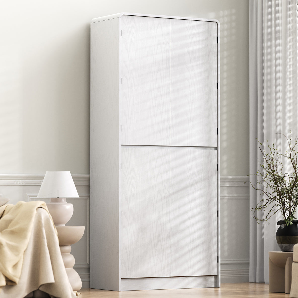 variant-group:rf-n707s000021w|Roomfitters 72" Tall Farmhouse Kitchen Pantry Cabinet with Curved Profile & 8 Door Shelves, White
