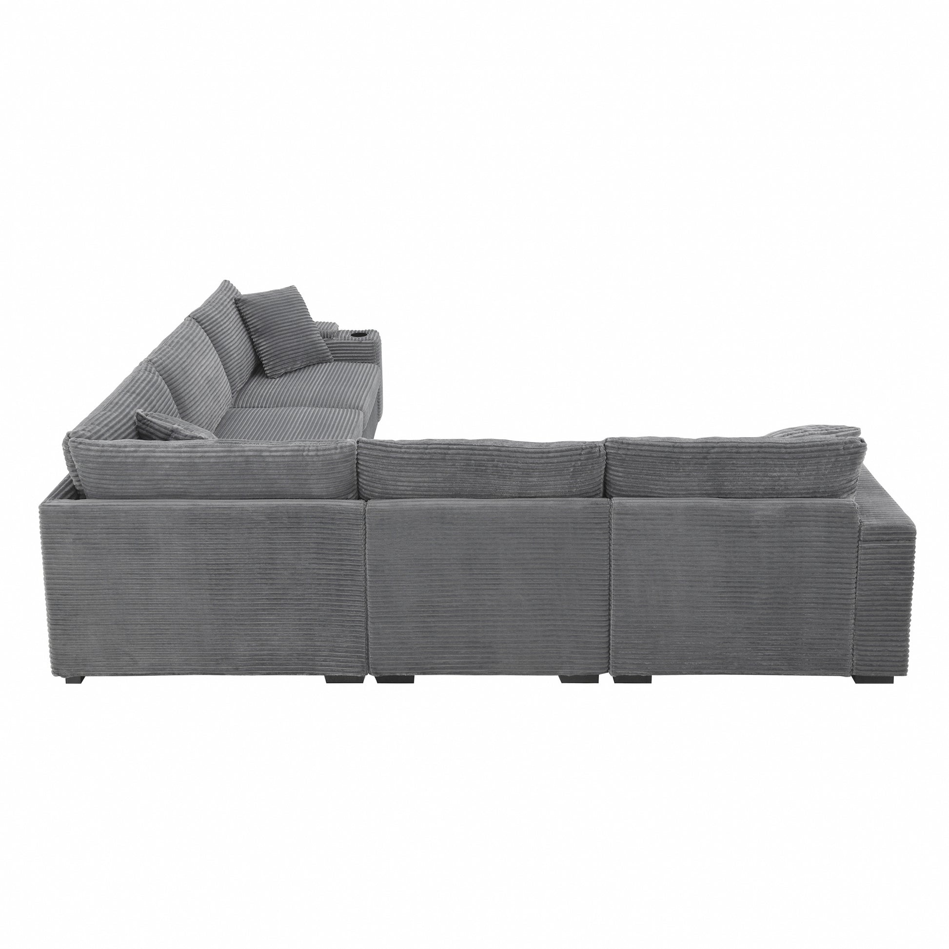 variant-group:rf-n723s1187e|Roomfitters 104 Inch Modern L-Shaped Sectional Sofa with Cup Holders, Comfortable Corduroy Upholstered Corner Couch, Gray