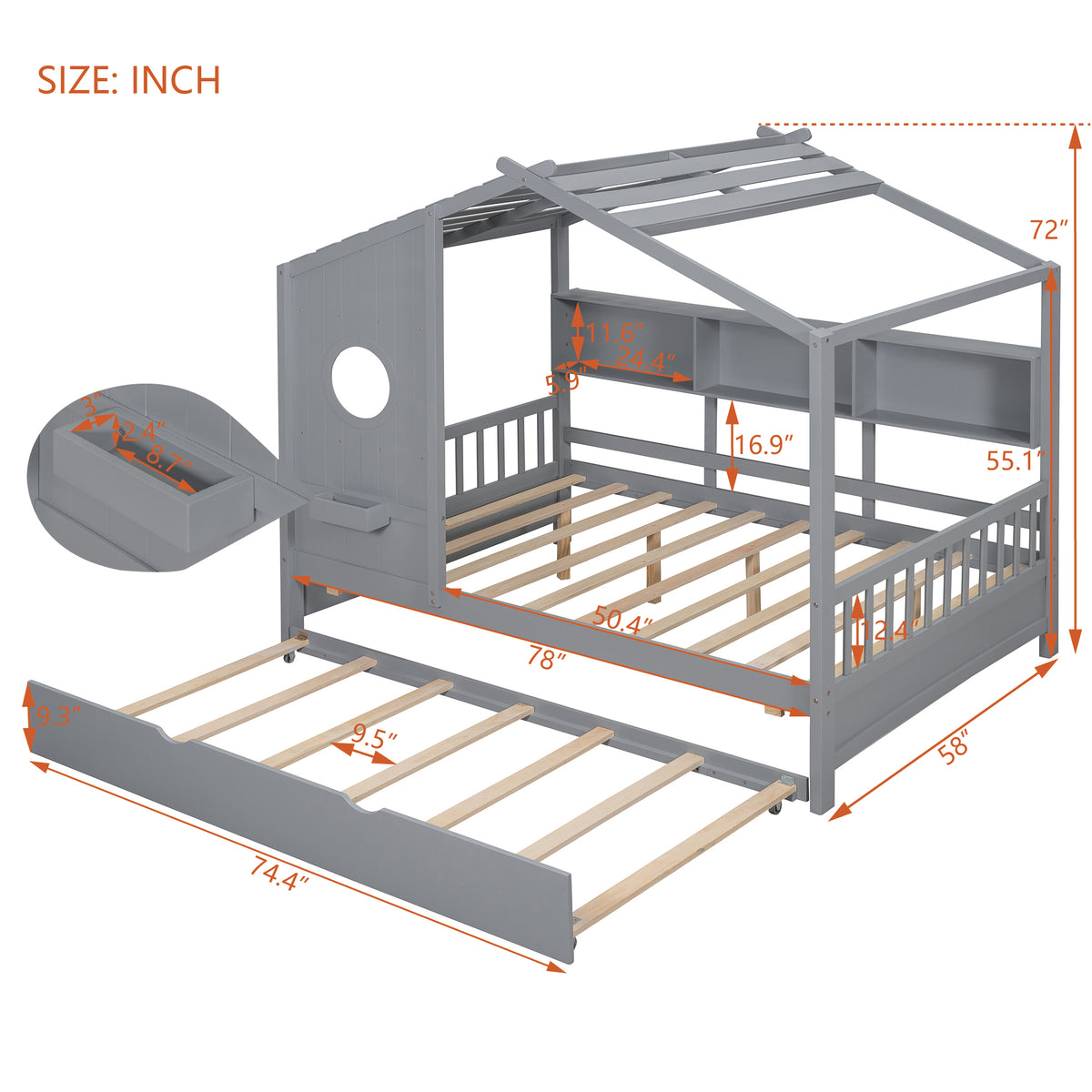 variant-group:rf-n733s316125e|Roomfitters Wooden Full Size House Bed with Trundle and Storage Shelf, Gray