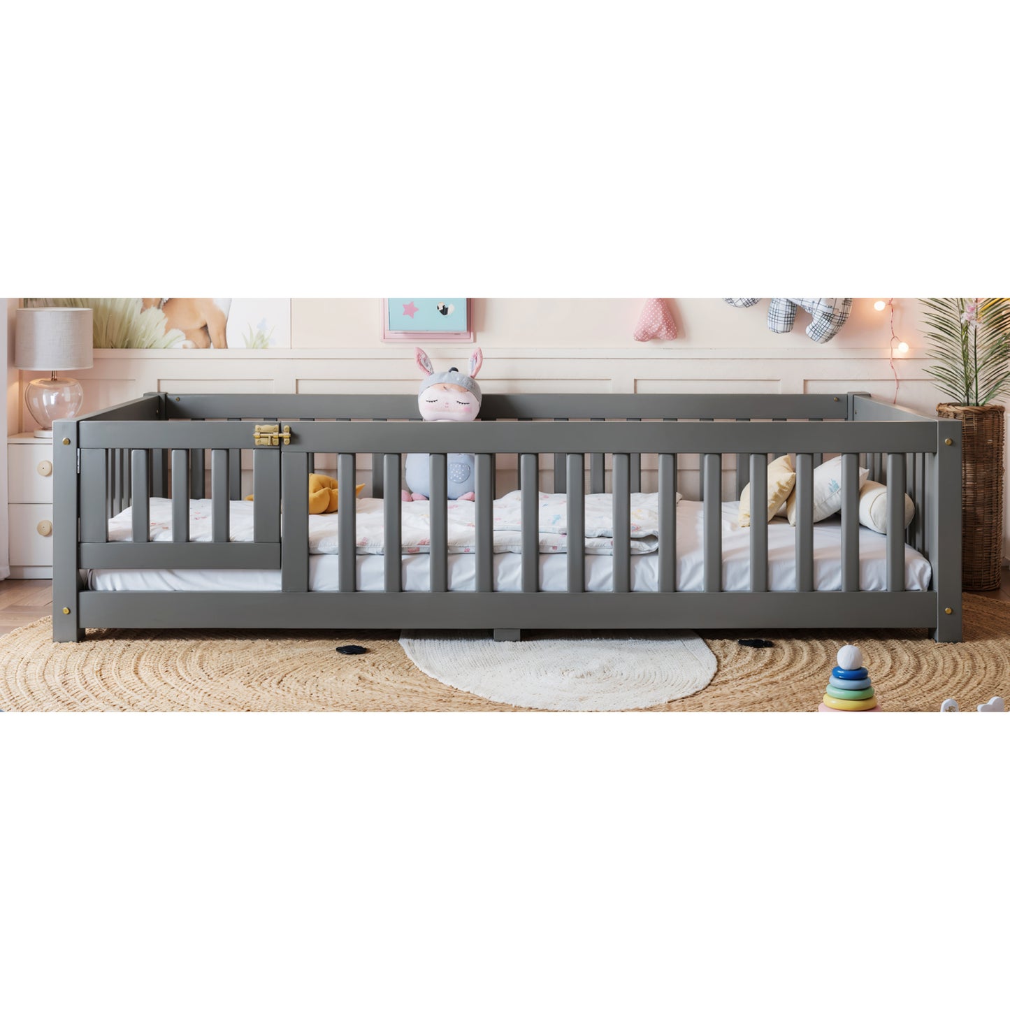 variant-group:rf-w1580p462312|Roomfitters Twin Size Wooden Floor Bed Frame with Safety Guardrails Door, Solid Wood Low Profile Toddler Play Bed, Gray