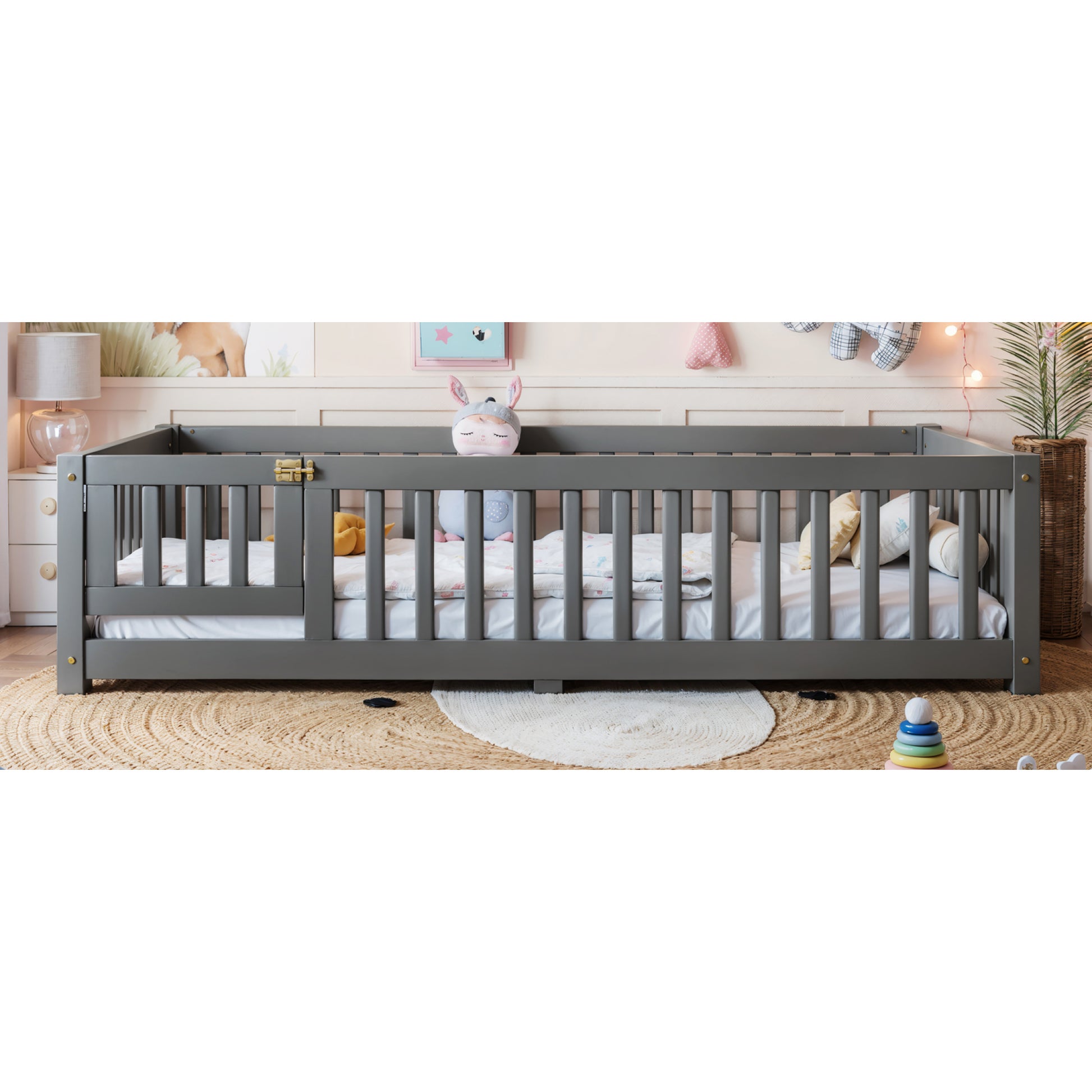 variant-group:rf-w1580p462312|Roomfitters Twin Size Wooden Floor Bed Frame with Safety Guardrails Door, Solid Wood Low Profile Toddler Play Bed, Gray