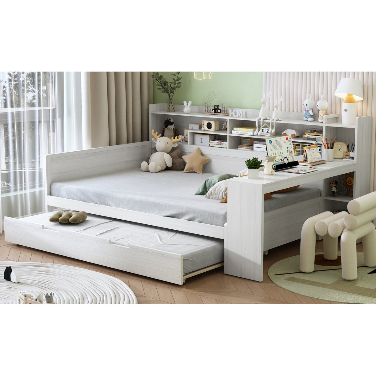 Roomfitters Wooden Full Size Daybed with Storage Shelves, Multi-functional Bed with Twin Size Trundle Bed and Study Desk, Antique White