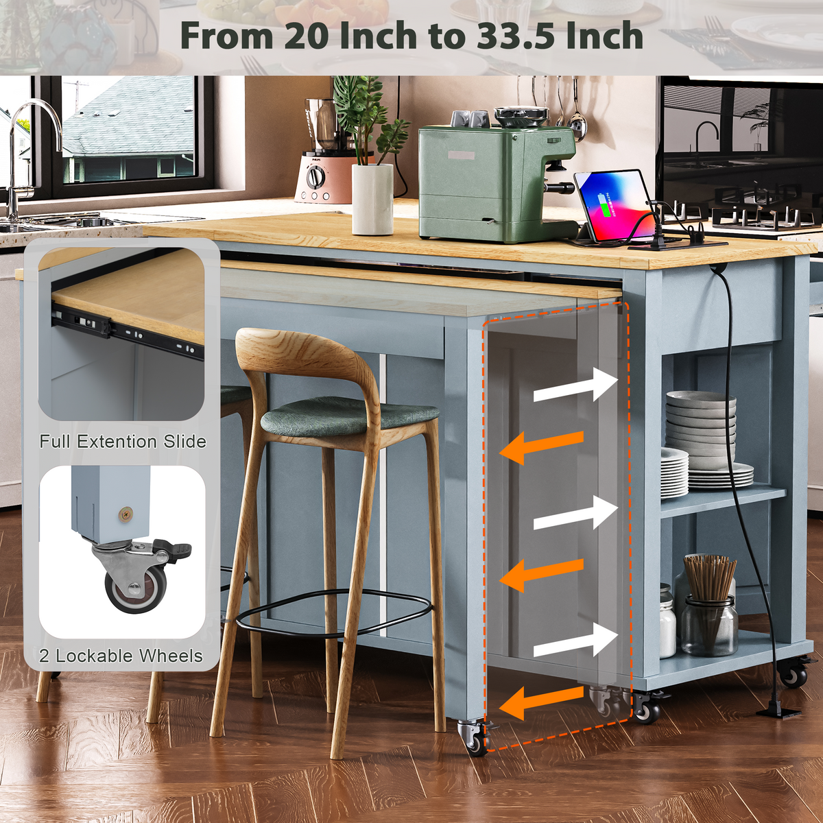 variant-group:rf-n707p215327g|Roomfitters 47" Kitchen Island with Extendable Dining Table, Storage Cabinet, Power Outlet, Rubber Wood Veneer, Grey Blue