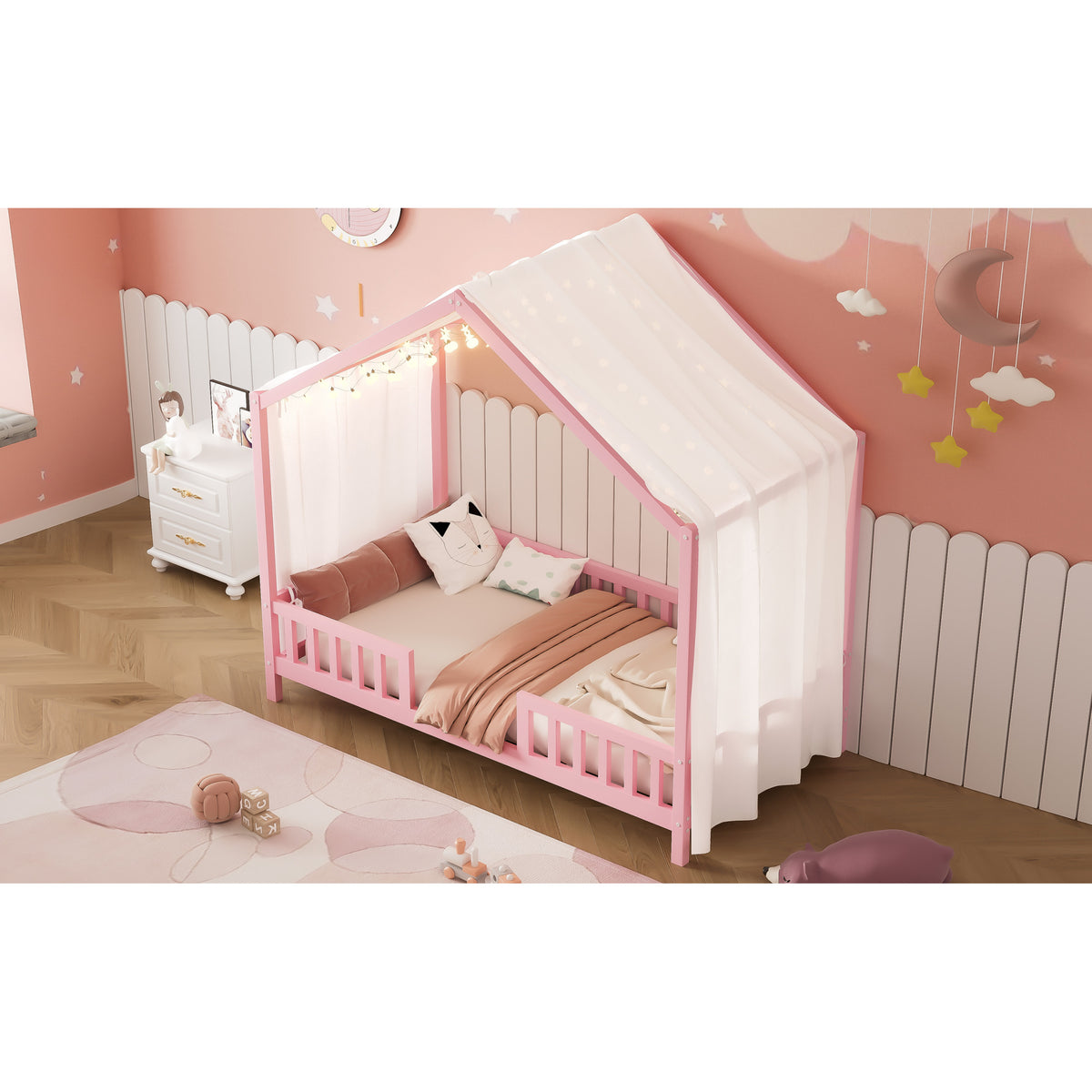 variant-group:rf-n733p356043h|Roomfitters Twin Montessori Floor Bed with Canopy, House Shape Wood Frame with Safety Rails, Youth Platform Bed, Pink
