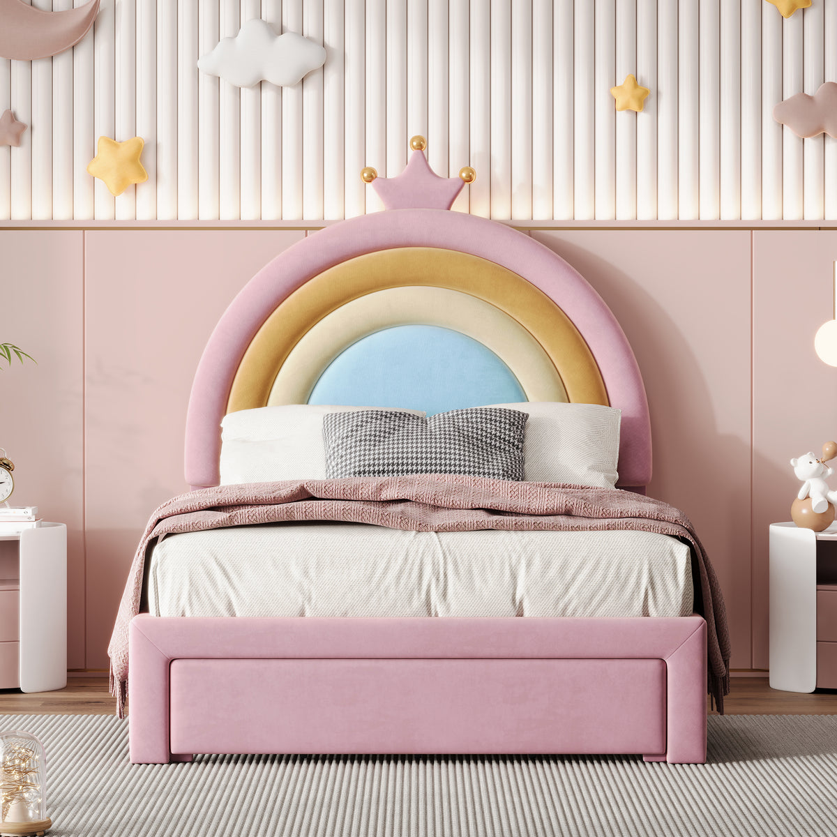 variant-group:rf-n733p234606h|Roomfitters Twin Size Upholstered Rainbow Design Bed, Velvet Princess Platform Bed with Storage Drawer, No Box-spring Needed, Colorful & Pink