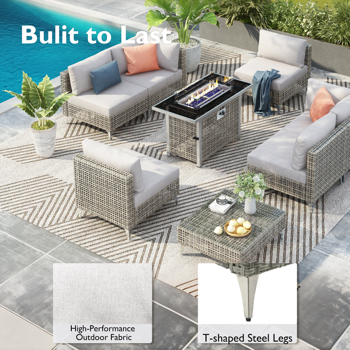 variant-group:rf-n707s000011g|Roomfitters 7-Piece Wicker Patio Furniture Set, Outdoor Sectional Sofa with Water-Resistant Cushions, Table, Grey