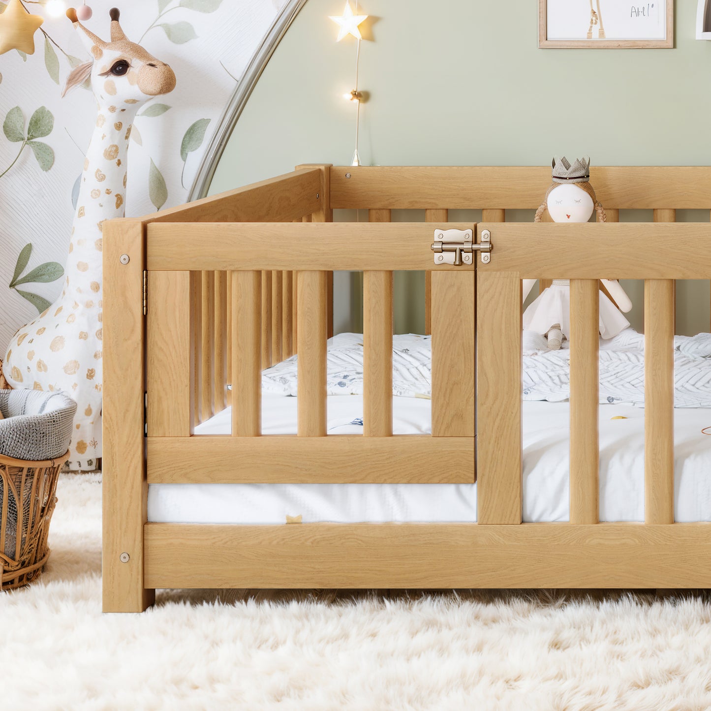 variant-group:rf-w1580p462325|Roomfitters Queen Size Wooden Floor Bed Frame with Safety Guardrails Door, Solid Wood Low Profile Toddler Play Bed, Natural