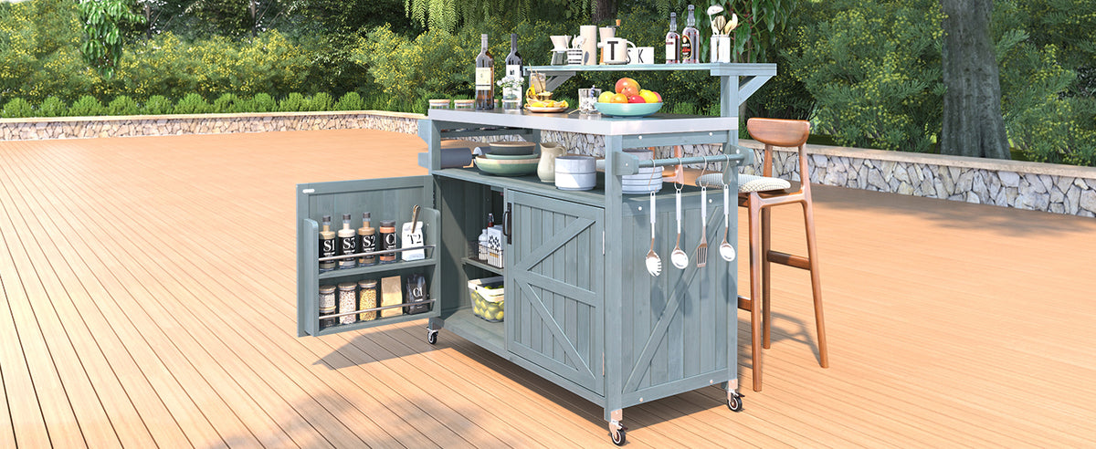 variant-group:rf-n707p250628g|Roomfitters 53.3" Outdoor Kitchen Island with Raised Shelf, Wood Storage Cabinet, Stainless Steel Top, Rolling Grill Cart, Grey Blue