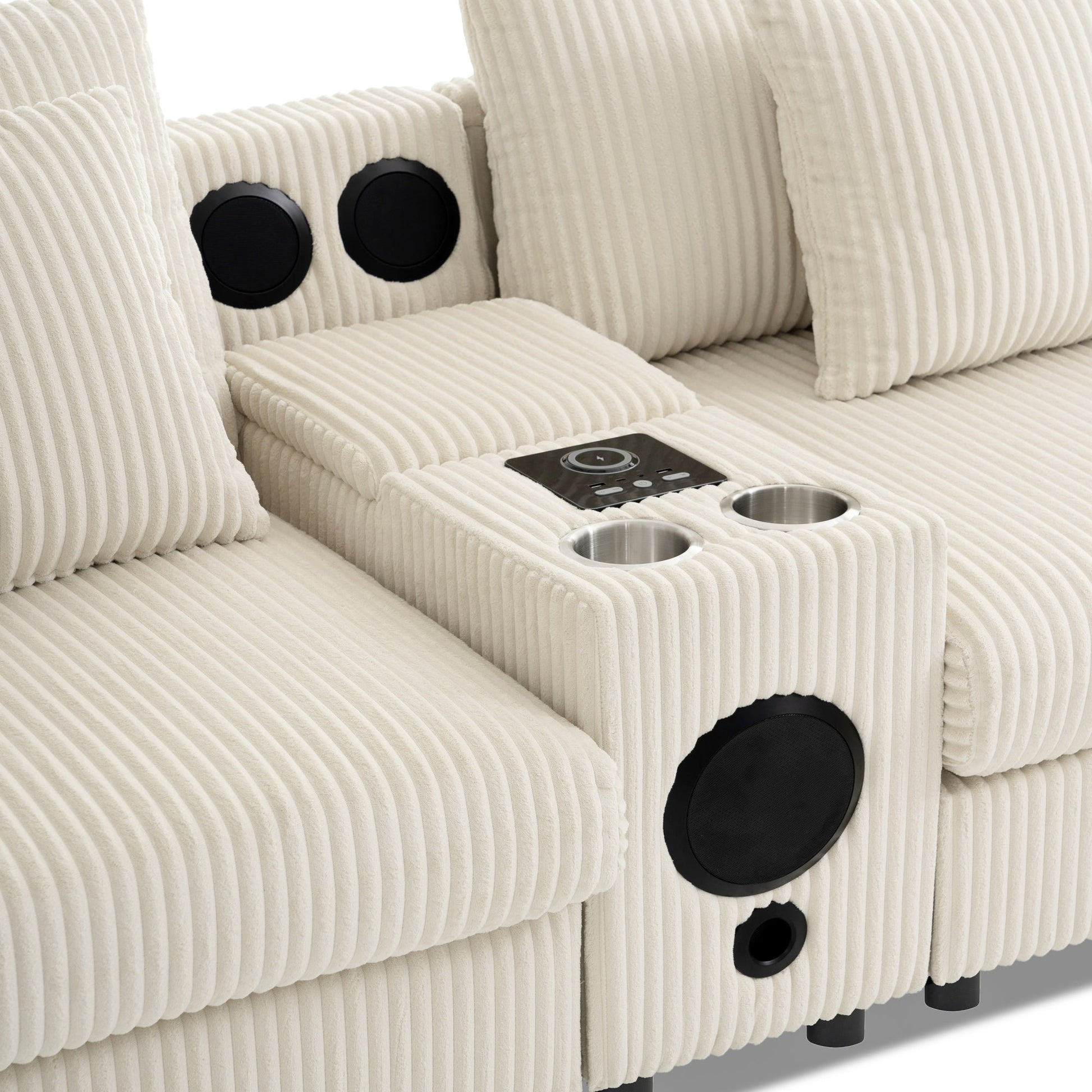 Roomfitters 112 Inch L-Shaped Modular Sectional Sofa with Bluetooth Speaker, Console and Cup Holders for Home, Cream Roomfitters