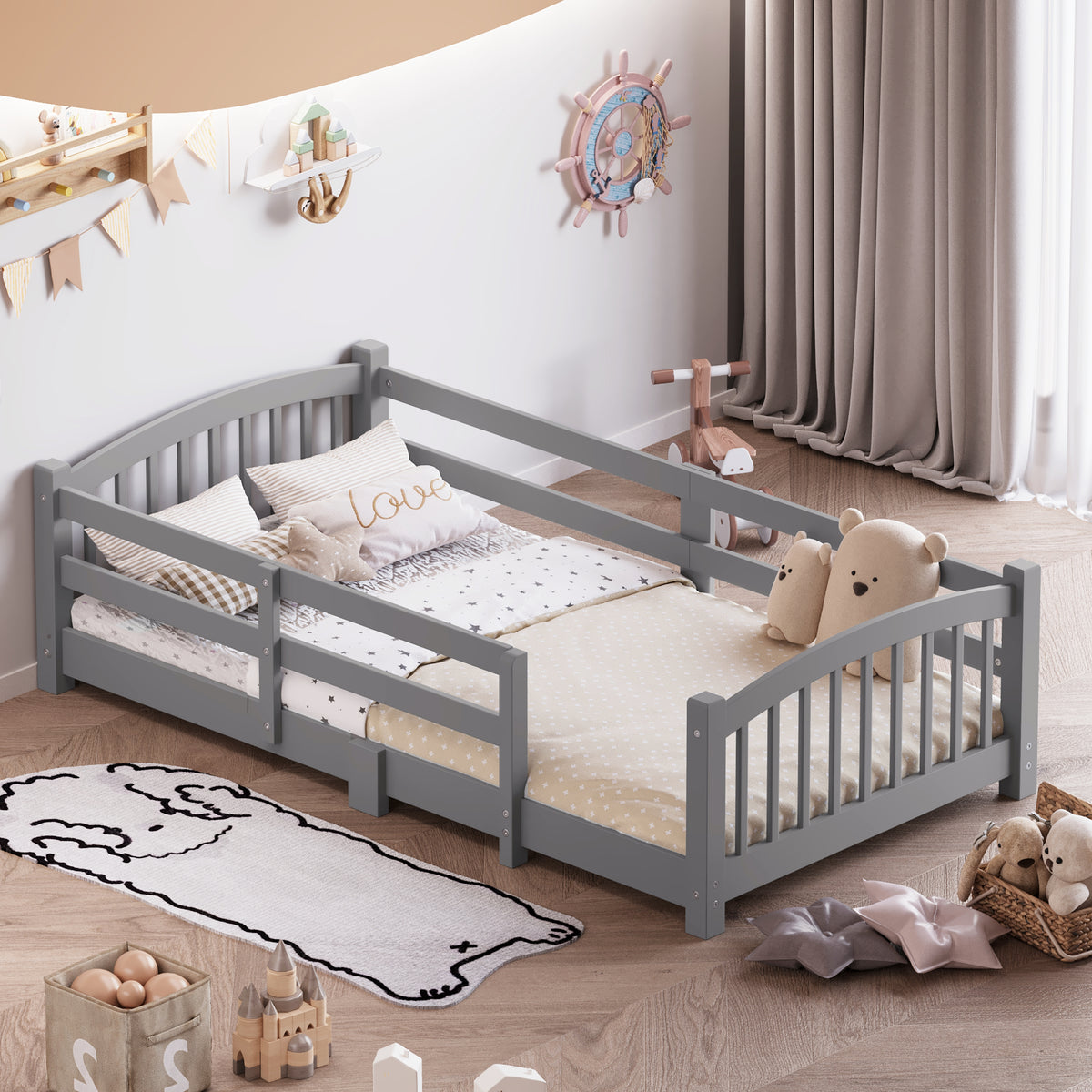 variant-group:rf-n733p400298e|Roomfitters Twin Montessori Floor Bed with Guardrails, Solid Wood Low Platform Bed with Slats, Easy Assembly, Gray