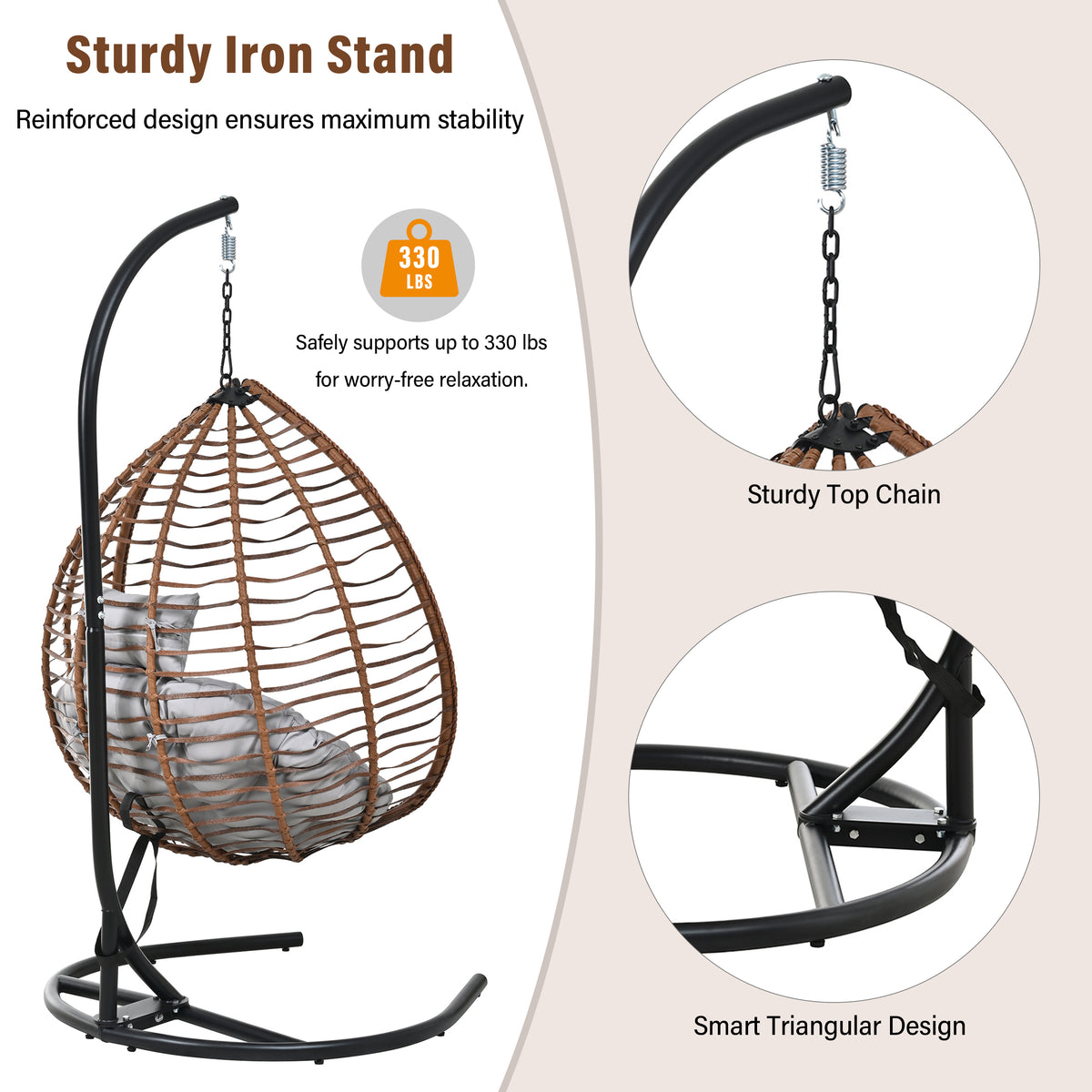 variant-group:rf-n711p389502g|Roomfitters Indoor Outdoor Hanging Egg Hammock Chair with Stand, Wicker Rattan Swing for Patio and Bedroom, Brown+Gray