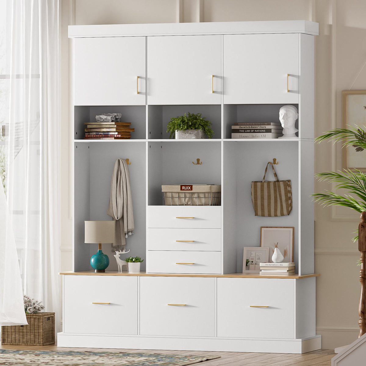 Roomfitters 5-in-1 Modern Entryway Hall Tree, 6 Drawers, 3 Wardrobe Cupboards, White Roomfitters