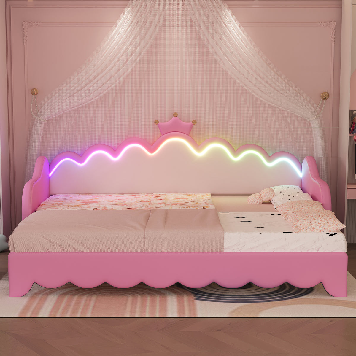 variant-group:rf-n733hl000104aah|Roomfitters Twin Extending Daybed with Lights, Modern Upholstered Princess Daybed Featuring Crown Headboard, Elegant and Practical Design, Pink