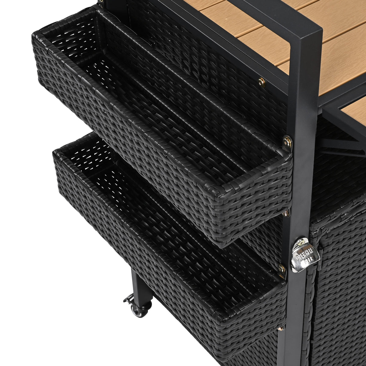 variant-group:rf-n707p233747b|Roomfitters 52.8" Wicker Outdoor Grill Cart with Plastic Wood Table, Rolling Island with Storage Cabinet, Double Handles, Black Brown