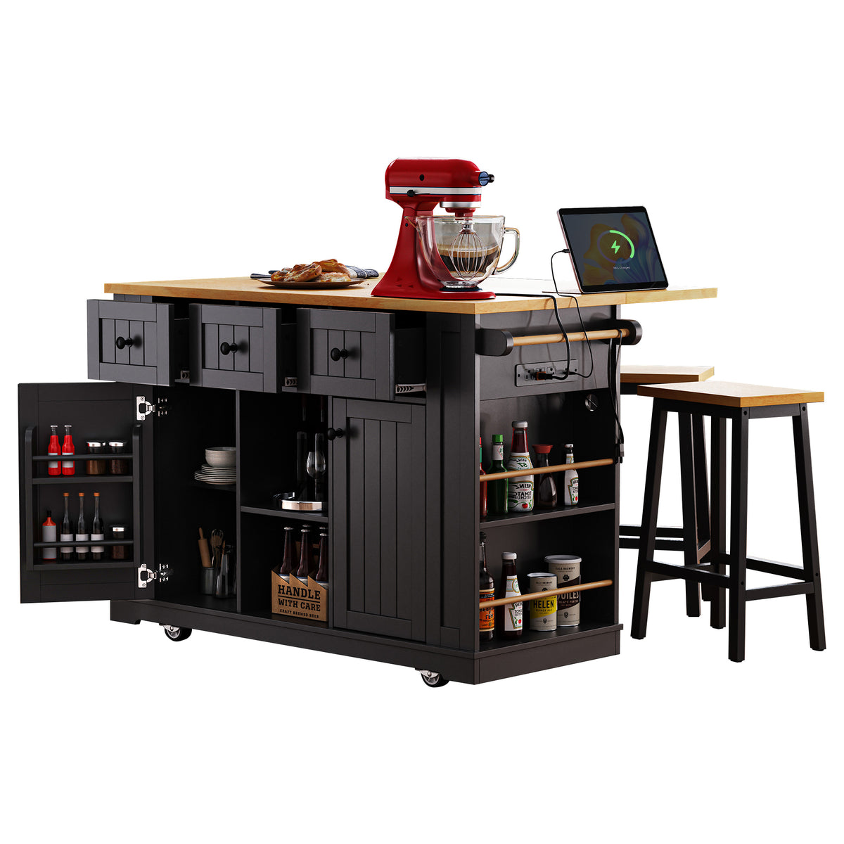variant-group:rf-n707s003007b|Roomfitters 53" Kitchen Island with 2 Bar Stools, Drop Leaf, Power Outlet, Rolling Kitchen Cart Set with Storage, Black